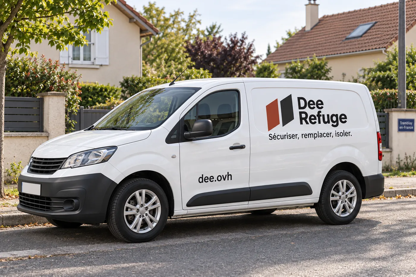 Camionnette blanche Dee Refuge garée dans une rue pavillonnaire de Tremblay-en-France